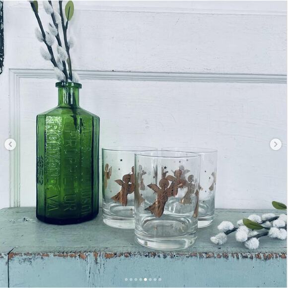 Vintage Culver MCM Lowball Glass Barware Gold Angel Cherub Snowflake SET 3 - Picture 5 of 8